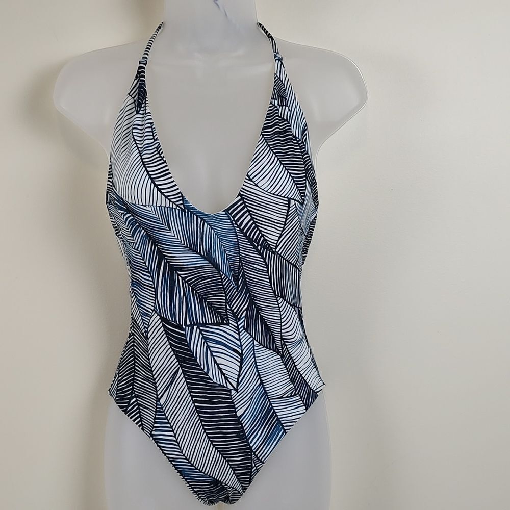 Onia Nina Halter Style One Piece Swimsuit lndigo Leaf print
